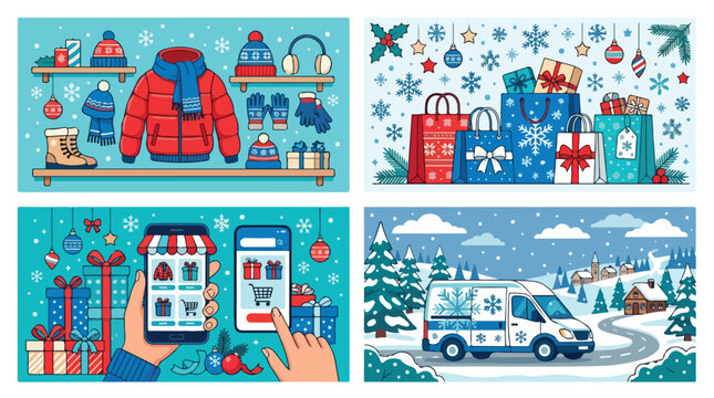 Collage of four illustrations showing winter holiday shopping and delivery scenes with gifts and clothing