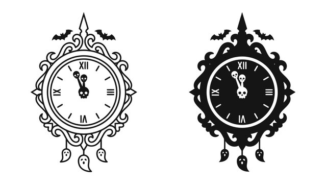 Spooky Halloween Clock: Two decorative clocks with ornate frames, Roman numerals, bats, and ghost-shaped pendulums evoke a hauntingly festive Halloween spirit.