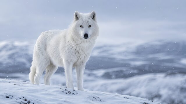 Arctic wolf standing on a snowy hill in a vast frozen winter landscape. This cold wilderness photograph is suitable for climate change articles and winter sport backgrounds.