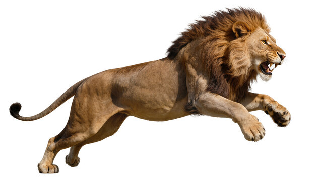 Male lion mid-leap with open mouth and mane