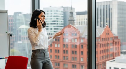 Fototapeta premium Businesswoman in White Shirt and Grey Pants Talking on Phone by Window with City View