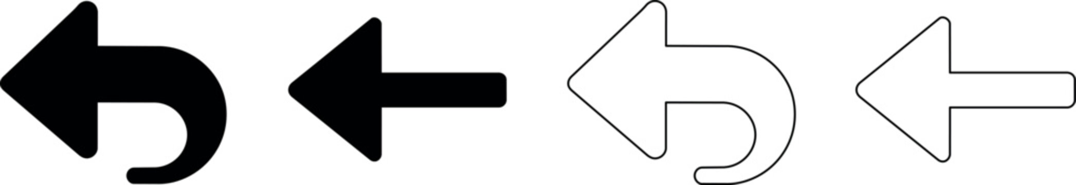 Set of four different leftward pointing arrow icons in black and white outline