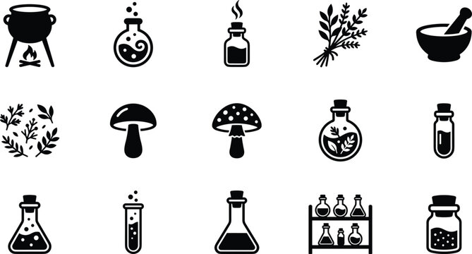 Set of black magic potion and alchemy icons with cauldron mushrooms bottles and herbs