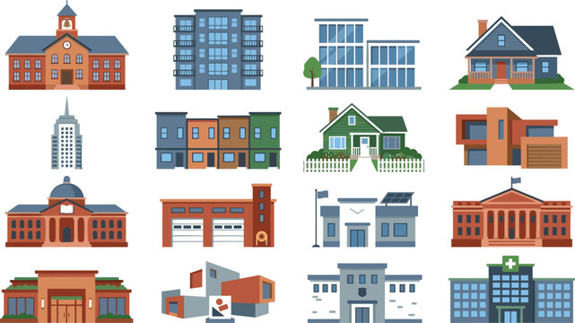 City building collection featuring schools, houses, offices and public institutions vector illustration set