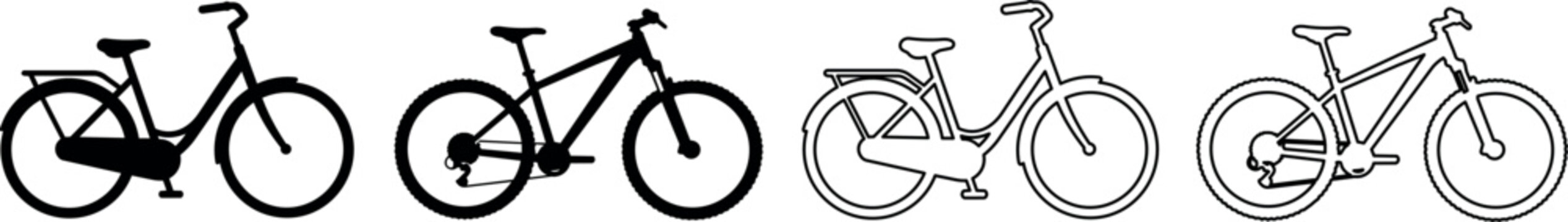 Collection of bicycle silhouettes and line art icons representing different styles