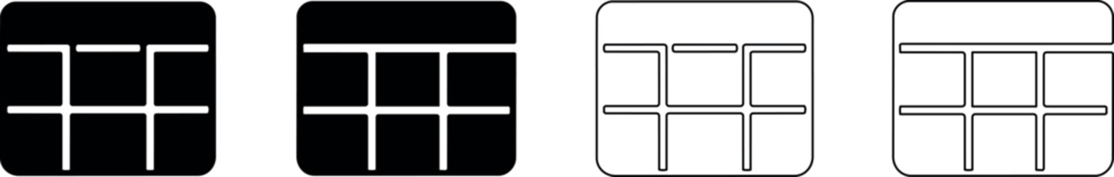 Set of four table layout icons in black and white variations