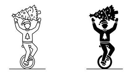 Christmas Tree Delivery via Unicycle: A person in a festive sweater and Santa hat rides a unicycle, triumphantly holding a decorated Christmas tree overhead. © Asma