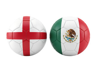 Obraz premium Soccer balls with england and mexico country flags for international sports championship match isolated on transparent background