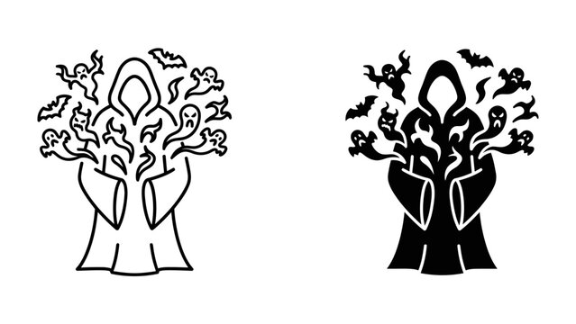 Spooky Halloween Illustration: A hooded figure surrounded by ghostly apparitions and flying bats, depicted in both line art and silhouette style, perfect for Halloween-themed designs.