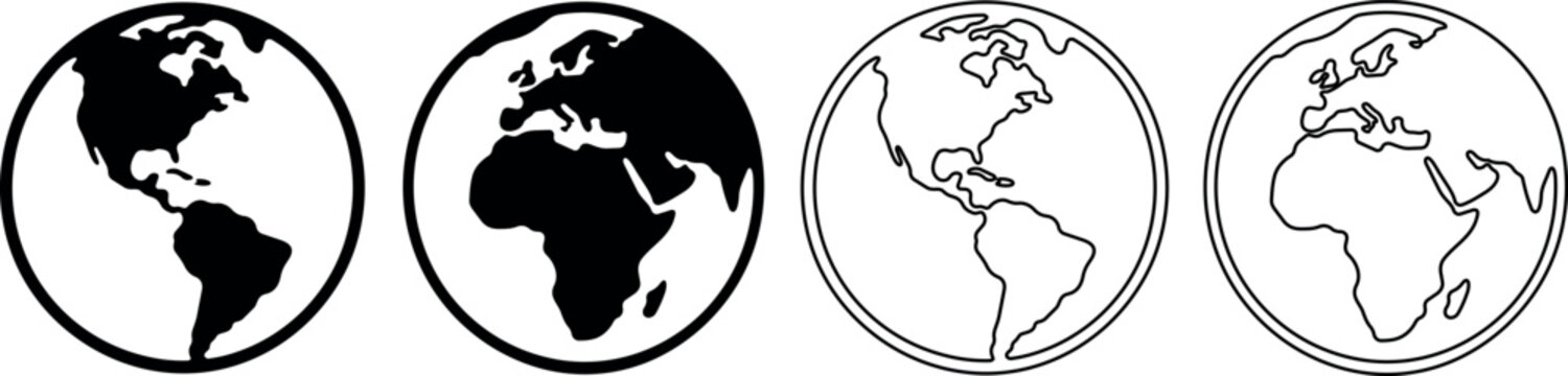 Set of four stylized globes showing different continents and styles