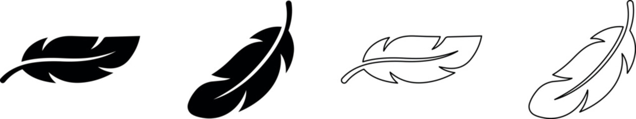 Set of four feather icons in black and white silhouette and outline styles © Santiago