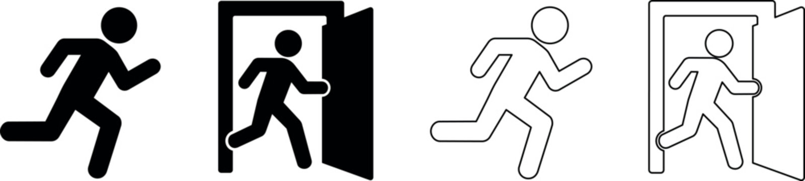 Running man icon exiting through an open doorway in black and white