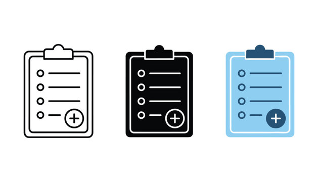 Collection of clipboard icons with circular plus button in outline solid and blue flat vector graphic style for add new item function and data entry interface design elements
