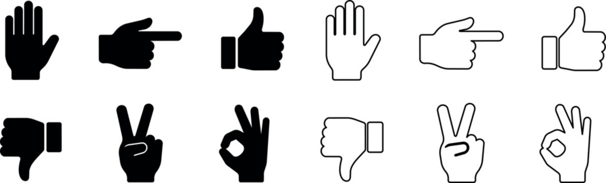Collection of hand gesture icons in black and white outlines and solid fills