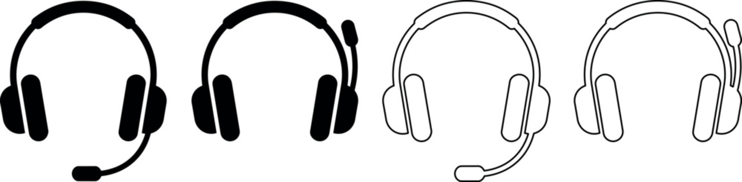 Set of four headset icons, two solid black and two outline styles