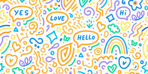 Colorful hand drawn doodle pattern featuring hearts rainbows and speech bubbles © Tapan