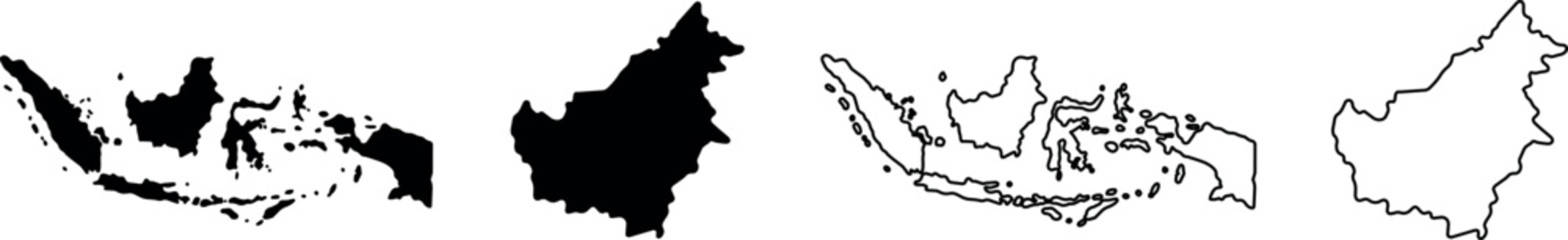 Collection of Indonesian archipelago and Borneo island map outlines