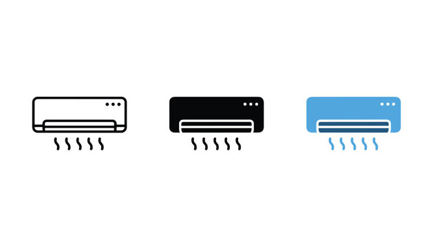 Air conditioner unit icon set showing climate control and cooling system in linear solid and flat colored styles for home appliance branding and energy efficiency digital marketing visuals
