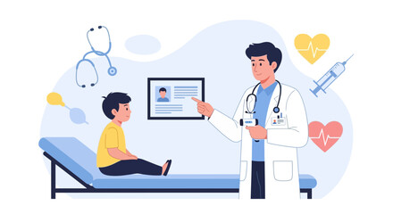 Fototapeta premium Pediatrician Examining Young Patient in Medical Setting with Healthcare Equipment