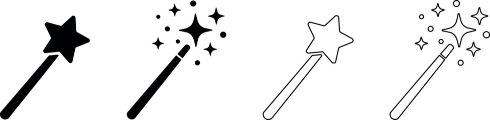 Set of magic wand icons with stars and sparkles in solid and outline styles © Santiago