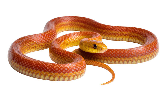 Orange and yellow corn snake coiled on white