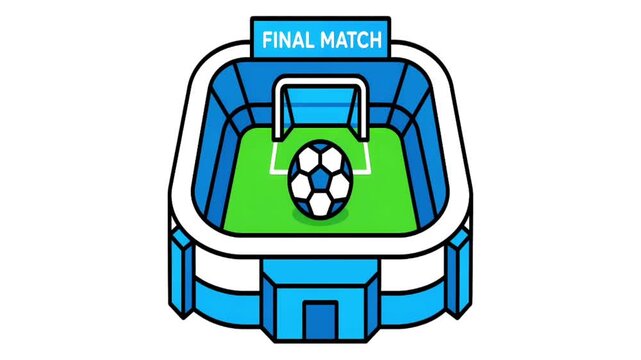 Animated Isometric Soccer Stadium with Final Match Sign and Giant Football on white background
