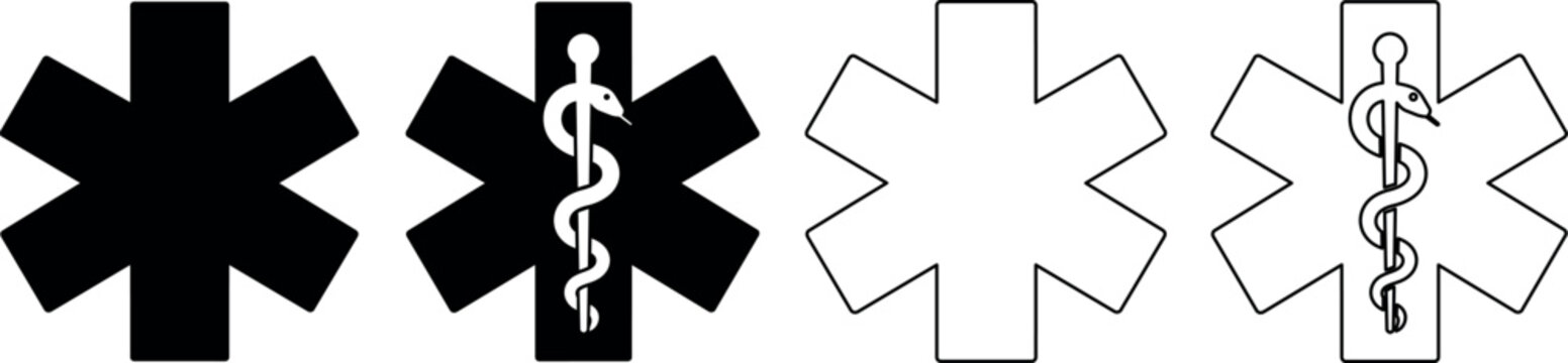 Set of medical star of life symbols, solid and outlined versions