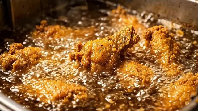 Crispy fried chicken pieces cooking in hot bubbling oil deep fryer golden brown texture crunchy coating delicious food preparation steam rising appetizing appearance fast food