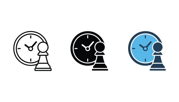 Time management pawn icon set featuring chess piece with clock symbol in three styles including outline solid and flat color for business strategy and productivity apps