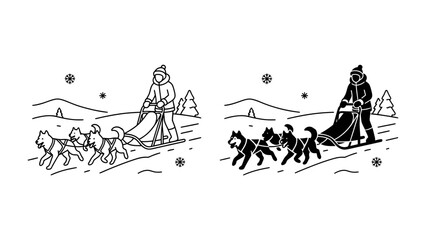 Dog Sledding Expedition: A thrilling dog sledding expedition unfolds across a snowy landscape, featuring a musher guiding a team of huskies through a winter wilderness. © Mst