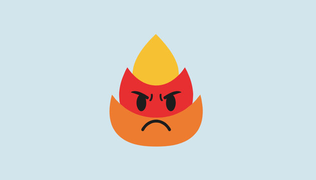 Funny cartoon fire flame character showing an angry expression with a frown on a light blue background.