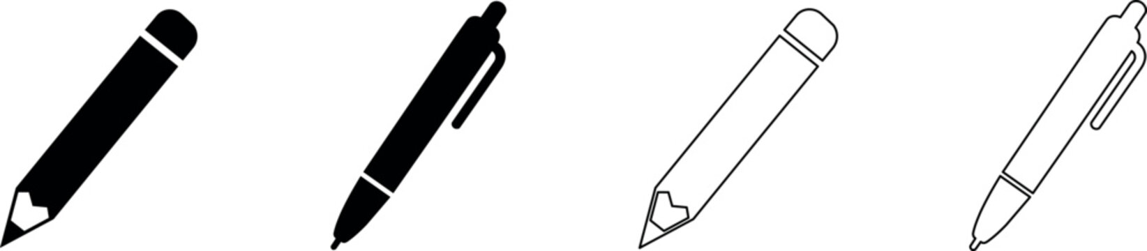 Set of two writing instruments, a pencil and a pen, in silhouette and outline styles