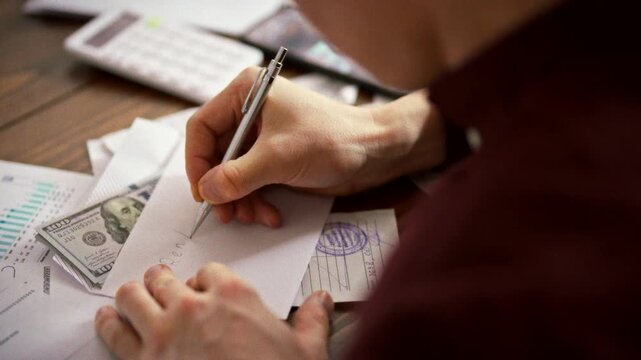 Man's hands carefully write on an envelope labeled 'Rent' while holding cash, illustrating the process of planning expenses and securing funds for the future with a sense of financial responsibility