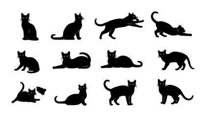 Fototapeta premium Black Cat Silhouettes Collection, Diverse Poses Vector Set, Feline Animal Icons for Graphic Design