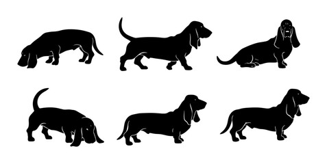 Fototapeta premium Basset Hound Silhouettes Collection, Vector Dog Poses, Black Canine Graphics for Pet Lovers, Animal Icons