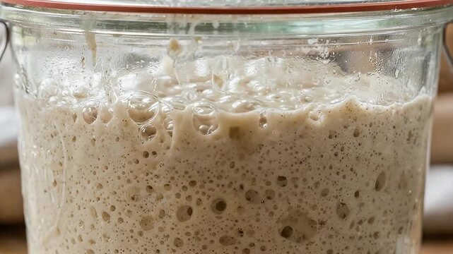 Fermentation sourdough yeast bubbles glass jar dough rising texture close up natural organic bread making starter leavening bubbly homemade food preparation raw culture moist fresh cooking fermenting