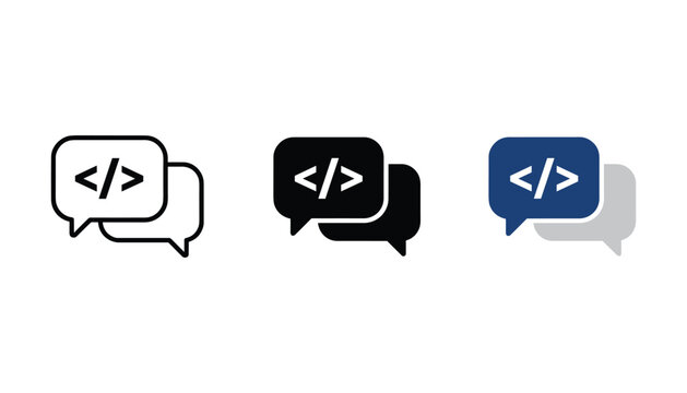 Coding and programming speech bubble icons set featuring bracket syntax in line solid and color styles for software development communication and technical support interface design elements