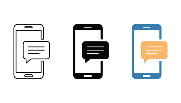 Smartphone messaging icons set featuring speech bubbles and text communication symbols in outline solid and color variations for mobile chat and digital social media platform interfaces