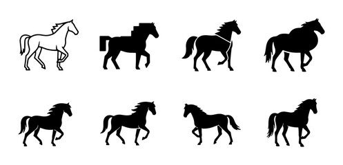 Fototapeta premium Horse Silhouette Collection, Equine Animal Icons, Galloping and Trotting Vector Graphics, Livestock and Equestrian Symbols