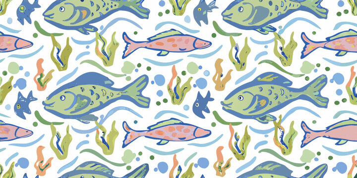 Colorful Fish And Seaweed Pattern Seamless Vector Illustration
