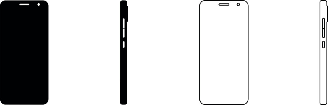 Modern smartphone front and side views in solid black and outline styles