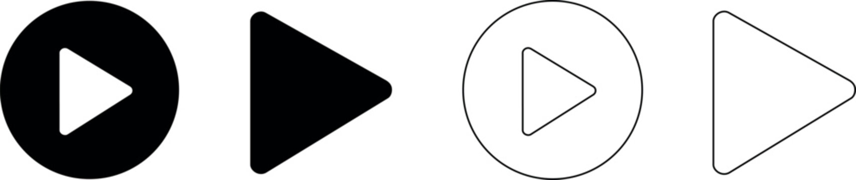 Collection of four distinct play button icons in black and white