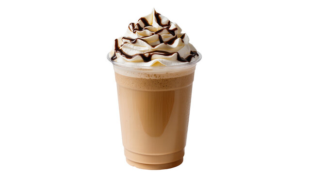 Iced coffee with whipped cream and chocolate syrup in a plastic cup