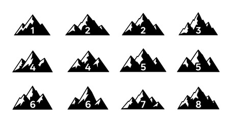 Mountain Icons Set, Diverse Peak Silhouettes, Vector Graphics for Adventure and Nature Themes, 8 Unique Designs © Sagor