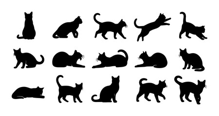 Obraz premium 15 Black Cat Silhouettes, Vector Icons Set: Playful Feline Poses, Domestic Animals Collection for Graphics and Design