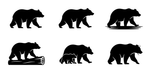 Bear Silhouettes Collection: Walking, Standing, and Family Poses, Vector Graphics for Wildlife and Nature Themes © Sagor