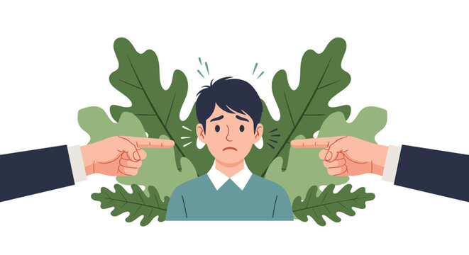 Sad and stressed boy standing between two pointing accusing fingers, representing social pressure, blame, and cyberbullying concepts.