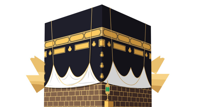 Beautiful vector illustration of the sacred Kaaba in Mecca, decorated with traditional gold and black details, under abstract background.
