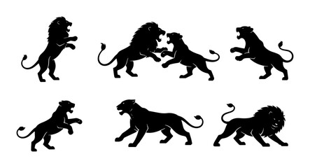 Six Black Lion Silhouettes, Majestic Feline Poses, Powerful Animal Vector Icons, Regal Wildlife Graphics, Fierce Predator Illustrations, Strength Symbolism © Rahit