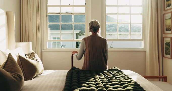 Thinking, back or old woman in house with walking stick, daydream or nostalgia in calm mindset. Reflection, memory and elderly person with disability, flashback or peaceful perspective in retirement.